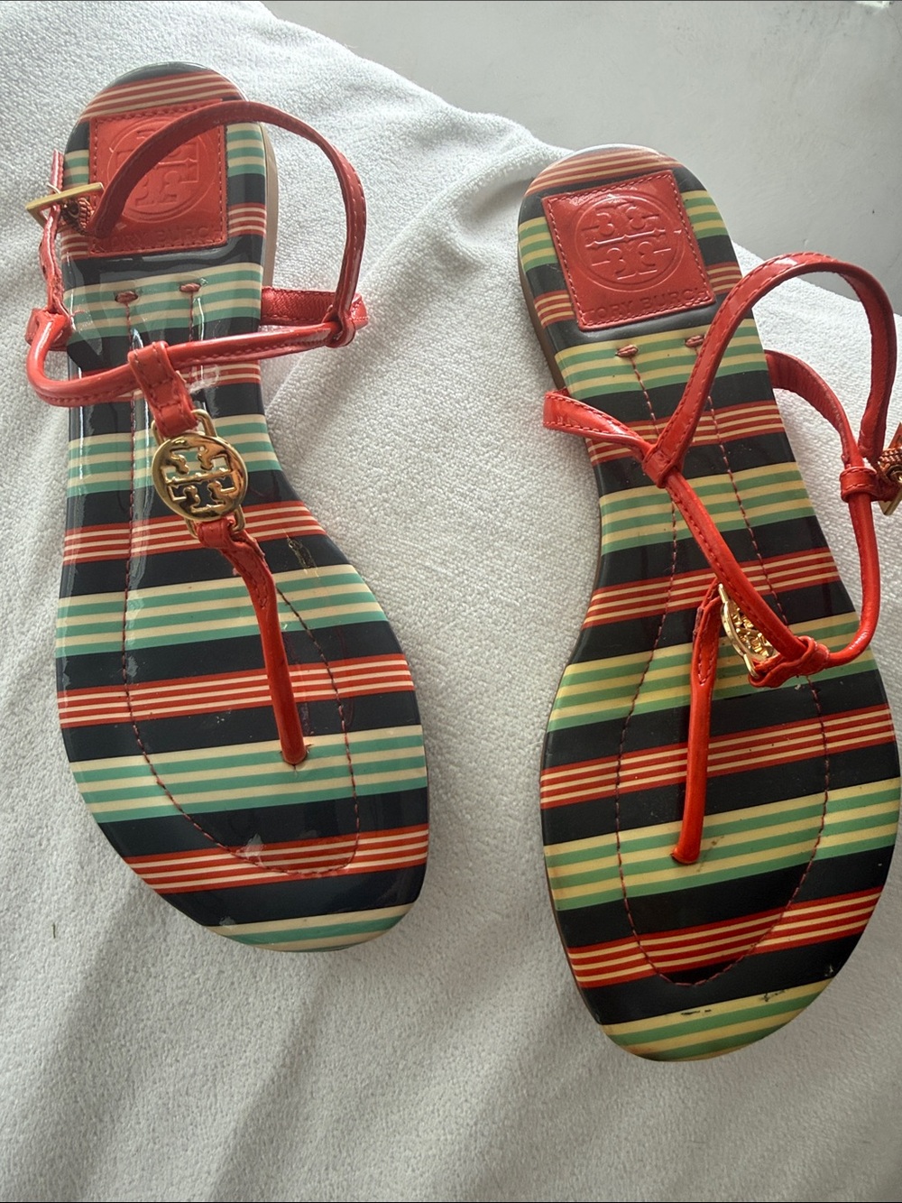Tory Burch Red Strappy Logo T-Strap Sandals